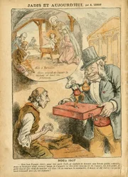 Achille Lemot (1846-1909) のイラスト（Le Pelerin, 22/12/07） - 昔と今 - 退職 労働者の退職, 反議会主義, 宗教 信仰, ノエル, 下院議院 半円形, 15,000, 国会議員の賠償金, カトリック Cathol