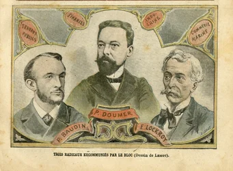 Le Pelerin, 23/10/04に掲載されたAchille Lemot (1846-1909)のイラスト - 3人の急進派がBlocによって破門される - 財政予算、共和国大統領、海事海洋航海、インドシナ、公共事業 - Doumer Paul (1857-1932),