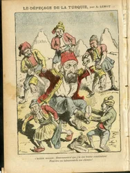 Achille Lemot (1846-1909)のイラスト（Le Pelerin誌、25/10/08） - The depecage of Turkey - トルコ, 宗教 信仰, バルカン半島, ブルガリア, ボスニア・ヘルツェゴビナ, クレタ島, カトリック カトリック教 - アブドゥル＝ハミド2世 (1842-1918)