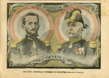 Achille Lemot (1846-1909) のイラスト（Le Pelerin, 29/05/04） - 省庁の最後の2人の犠牲者 - Armee, Ministere de la guerre, Patriotisme - Laicisation Laicite Lois laiques - Marchand Jean-Baptiste (1863-1924), General Generalaux, Jeannerod Gaspa