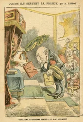 Le Pelerin, 31/01/04のAchille Lemot (1846-1909)のイラスト - フランスにどう仕えるか - ドイツ プロイセン, 宗教 信仰, 左翼ブロック, 愛国心, カトリック カトリシズム - 宗教者の立ち退き - Combes Emile (1835-1921), William II, Delsor Nicolas (18