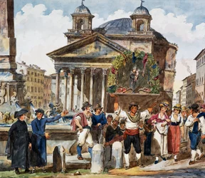 ローマのパンテオンでのイチゴ祭り 水彩画 アキール・ピネッリ（1809-1841）作 イタリア