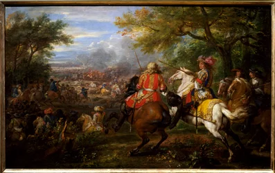 1667年8月31日、ブルージュ運河の近くでスペイン軍を撃破。白馬に乗ったフランス国王ルイ14世が、将軍たちに囲まれている。フランソワ・ド・クレクイ（1629-1687）と、グランド・コンドと呼ばれるブルボン・コンド（ブルボン・コンド）家の王子ルイ2世（16