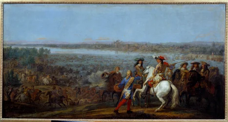 オランダ戦争：「1672年6月12日のライン川通過」 国王ルイ14世（1638-1715）とブルボン家の王子ルイ2世（ブルボン・コンデ）（グランド・コンデ）（1621-1686）の軍勢がライン川を通過してトルフイスに向かう様子を描いた作品。アダム・フランツ・ファン・デル・ミューレン（1632-90）による絵画 M