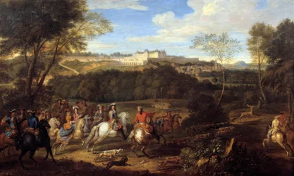 国王ルイ14世（1638-1715）と宮廷の人々がムードン城を目前にして狩りをする様子 アダム・フランツ・ファン・デル・ミューレン（1632-1690）の流派による絵画 17世紀 日0,77x1,27