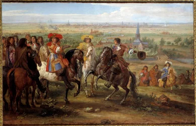 1667年8月のリールの席でフィヴの司祭館を前にしたルイ14世 アダム・フランツ・ファン・デル・ミューレン（1632-1690）の絵画（ec.flam.） 1667年 日。0,52x0,8 m - 1667年8月、フィーヴ修道院に面したリールの包囲でのルイ14世。絵画：アド