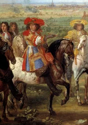 1667年8月、リールの席でフィヴ家の女官の前に立つ国王ルイ14世 国王を表すディテール。アダム・ファン・デル・ミューレン（1632-1690）の絵画（ec.flam.） 1667年 日0.52x0.8 m