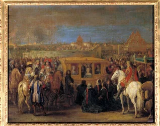 1667年8月23日、国王ルイ14世（1638-1715）とオーストリア王妃マリー=テレーズのドゥエへの厳粛な入城（馬車に乗った王妃は、この街のディンギンたちの宗主としての貢ぎ物を受け取る） アダム・フランツ・ファン・デル・ミューレン（1632-1690）による絵画。1667年頃