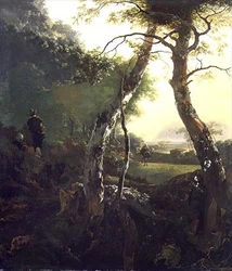 人物と牛のいるイタリアの森の風景」（油彩・パネル