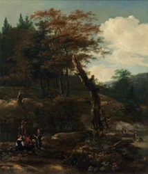 1640年代後半の旅行者のいる樹木が茂った風景。