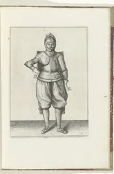 タージとレイピアを使った演習: タージを背負って休んでいる兵士 (no. 1), 1618 Nassausche Wapen-Handelinge、van Schilt、Spies、Rappier ende Targe : 人物によって描かれ、[の] 新しい秩序の後にポーズをとった (...) Maurits van Nassa