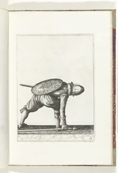 盾とスパイクを使った演習：スパイクを拾うためにかがむ兵士（No. 28）、1618 Nassausche Wapen-Handelinge、van Schilt、Spies、Rappier ende Targe : 人物によって描かれ、[の] 新しい秩序の後にポーズをとった (...) Maurits van Nassau (t