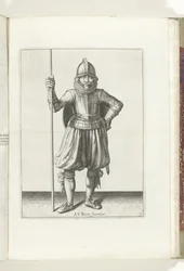 盾と槍を使った演習: 槍を手に、盾を背負って休んでいる兵士 (no. 1), 1618 Nassausche Wapen-Handelinge、van Schilt、Spies、Rappier ende Targe : 図で描かれ、新しい順序 [of] (