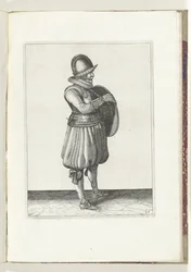 盾と槍の演習：兵士が盾のベルトから腕を引き抜く（No. 25）、1618 Nassausche Wapen-Handelinge、van Schilt、Spies、Rappier ende Targe : 人物によって描かれ、[of] (...) Maurits の新しい秩序に従ってポーズをとった