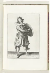 盾と槍の演習: 兵士が盾の後ろからレイピアを抜く (No. 18), 1618 Nassausche Wapen-Handelinge、van Schilt、Spies、Rappier ende Targe : フィギュアで描かれ、[of] (...) Maurits v の新しい順序に従ってポーズをとった