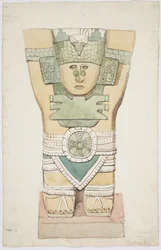 メキシコ、チチェン・イッツァ、ジャガーの上部神殿（A神殿）、外室、カリヤチッドIII（水彩画