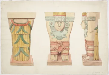 メキシコ、チチェン・イッツァ、ジャガーの上部神殿（A神殿）、外室、カリヤチッドII（水彩画
