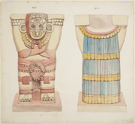 メキシコ、チチェン・イッツァ、ジャガーの上部神殿（A神殿）、大球技場、外室からのカリヤチッドXIV（水彩画