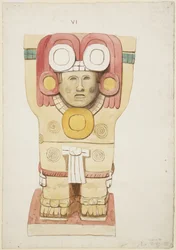 メキシコ、チチェン・イッツァ、神殿A、球技場、外室のカリアティッド（水彩画