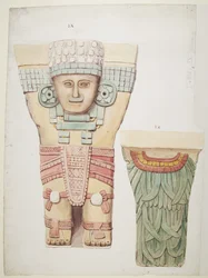メキシコ、チチェン・イッツァ、ボールコート、神殿A、外室のカリアティッド（水彩画