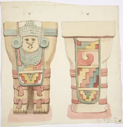 メキシコ、チチェン・イッツァ、神殿A、球技場、外室のカリアティッド（水彩画
