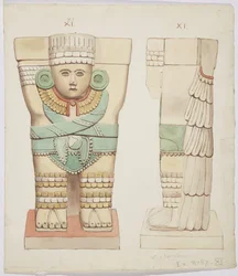 メキシコ、チチェン・イッツァ、ボールコート、神殿A、外室のカリアティッド（水彩画