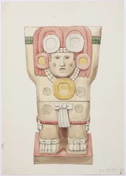 メキシコ、チチェン・イッツァ、神殿A、球技場、外室のカリアティッド（水彩画