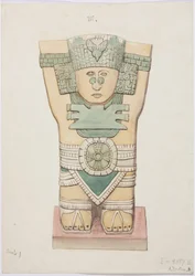 メキシコ、チチェン・イッツァ、神殿A、球技場、外室のカリアティッド（水彩画