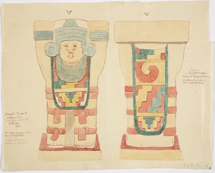 チチェン・イッツァ、ジャガーの上部神殿（A神殿）、球技場、外室のカリアティッド（水彩画