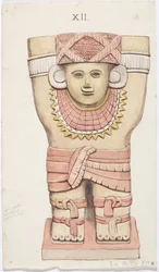 メキシコ、チチェン・イッツァ、神殿A、球技場、外室のカリアティッド（水彩画