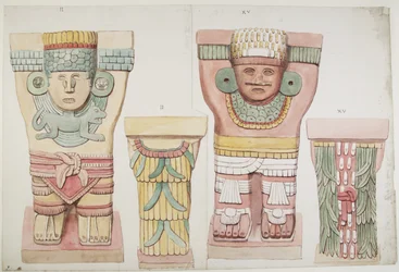 メキシコ、チチェン・イッツァ、ジャガーの上部神殿、外室からのカリアティッドIIとXV（水彩画