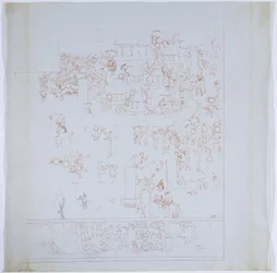 メキシコ、チチェン・イッツァ、ジャガーの上部神殿 西壁の完全な壁画のコピー 西壁の内側の部屋 赤インクで描かれている（赤インク、黒インク、グラファイト）。