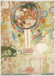 メキシコ、チチェン・イッツァ、ジャガーの上部神殿、西壁の南側パネルの一部を描いた絵画（水彩、ボディカラー、グラファイト