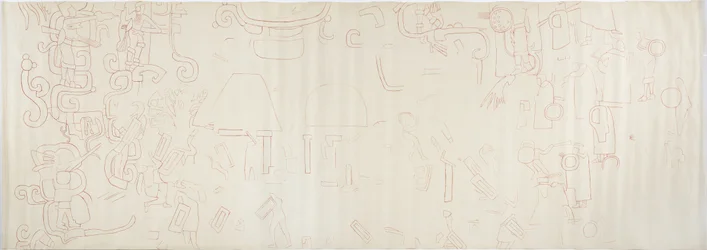 メキシコ、チチェン・イッツァ、ジャガーの上部神殿、北壁の絵画 中央部分（赤インク、黒鉛