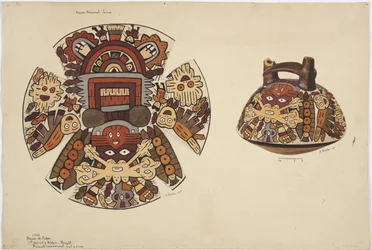 幻想的なネコの装飾と二重の注ぎ口のハンドルが描かれた丸底のスクワット容器（水彩画
