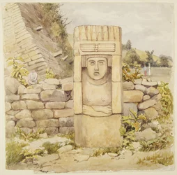 メキシコ・ベラクルス州北部、テアヨの像 胸と腕を組んだ石像を示す（水彩画