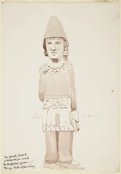 メキシコ・ベラクルス州北部、テアヨの像 キルトを着た男性像の石像を示す（水彩画