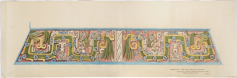 メキシコ、ソチカルコの石製レリーフ テワカン、セロ・コロラドの南面（水彩画
