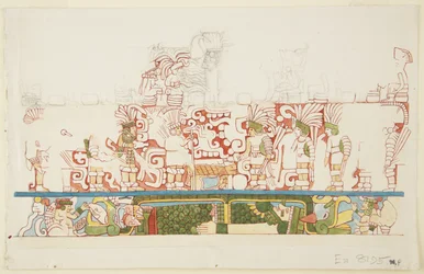 メキシコ、チチェン・イッツァ、北棟C、ボール・コート、北壁中央の石製レリーフ（水彩画