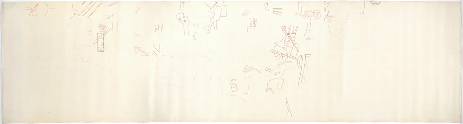 メキシコ、チチェン・イッツァ「ジャガーの上の神殿」の東壁に描かれた壁画をトレースしたもの（赤インク、黒鉛