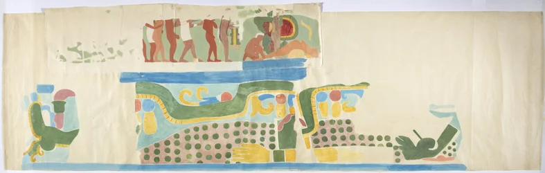 メキシコ、チチェン・イッツァ、ジャガーの上部神殿、扉越しに描かれた壁画のトレース（水彩、ボディカラー、黒鉛