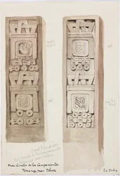 メキシコ、トルーカ近郊のテナゴ、セリトス・デ・ロス・カンパメントスにある石のレリーフのある2本の柱（水彩画