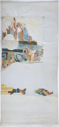 リネンタイプの紙に水彩画 メキシコ、チチェン・イッツァ、カサ・デ・モンハスの大部屋にある丸天井の壁画をトレース（水彩画＆ボディカラー