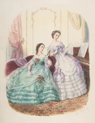 ファッション スタディ: イブニング ドレスを着た 2 人の女性、カリフォルニア州。 1860年。
