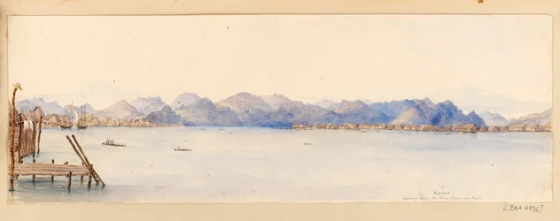 ボルネオ-我が家から川を下る（西インド諸島、北米、ボルネオのスクラップブックより）1845年頃（水彩画