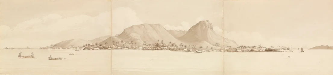 ライアテアのパノラマ、1849年9月1日。右にタハア[ソサエティ諸島]