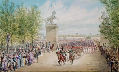 皇帝アレクサンドル1世（1777-1825）は、1814年にパリで軍隊とともにシャンゼリゼ通りを登っている。アドルフ・シャルルマーニュ（1827-1901）の絵