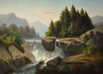 滝のある山の風景、c。 1853