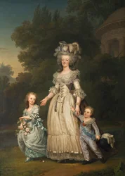 フランス王妃マリー・アントワネットと二人の子どもたち、トリアノン公園を散歩する、1785年