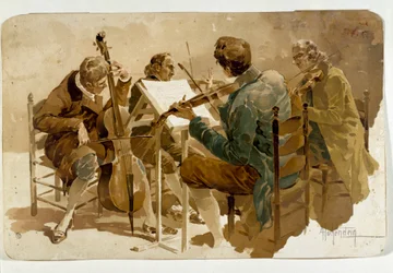 4人の音楽家 3人のヴァイオリニストと1人のチェリストAdolfo Hohenstein (1854-1928)のポスター Dim.293x454 cm 個人蔵